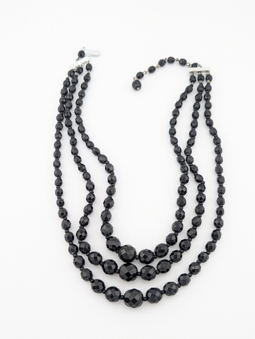 VTG West Germany Black Glass Bead Necklace Multi Triple Layered Statement